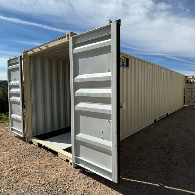 Office conversion container featuring windows, door, and HVAC installation