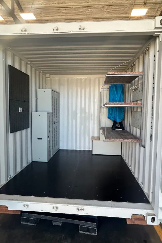 Container interior featuring custom-width shelving for odd-sized items